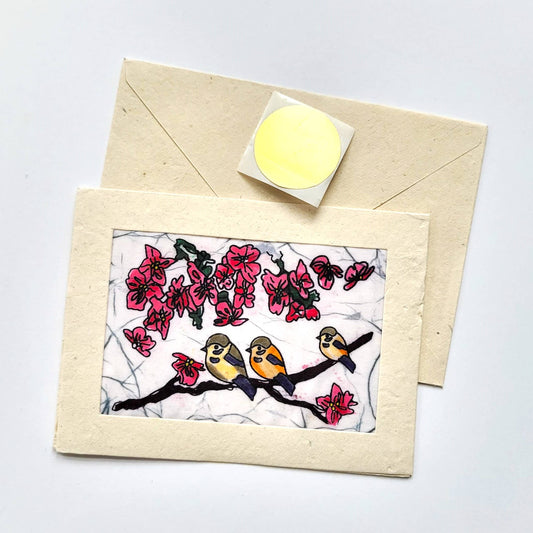 Pink Altitude Flower with Birds Batik Note Card