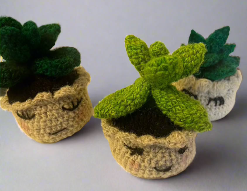 showing 3 handcrafted wool succulents in little pots. each measures about 3.5" high by 3"
