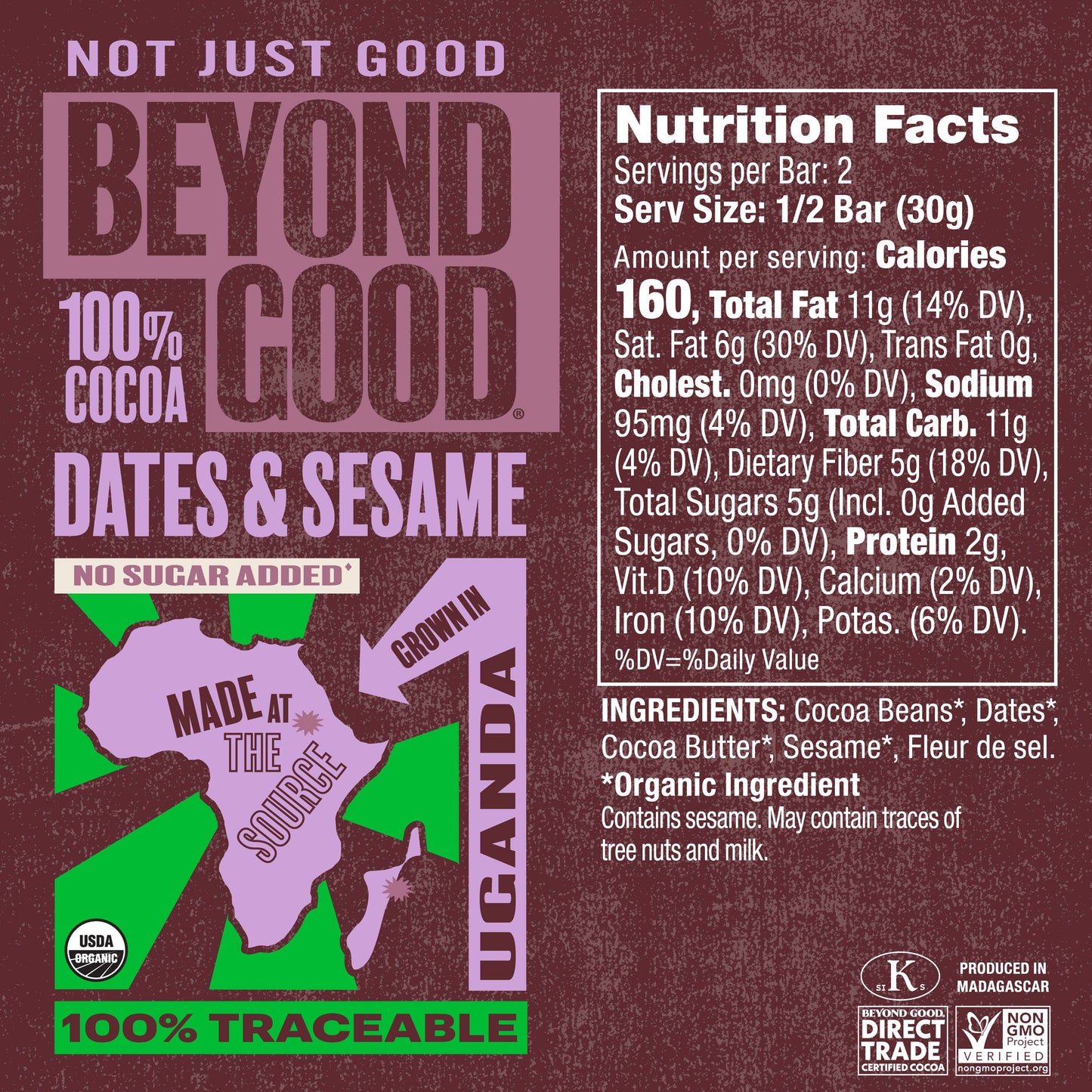 100% Cocoa Dark Chocolate with Dates & Sesame