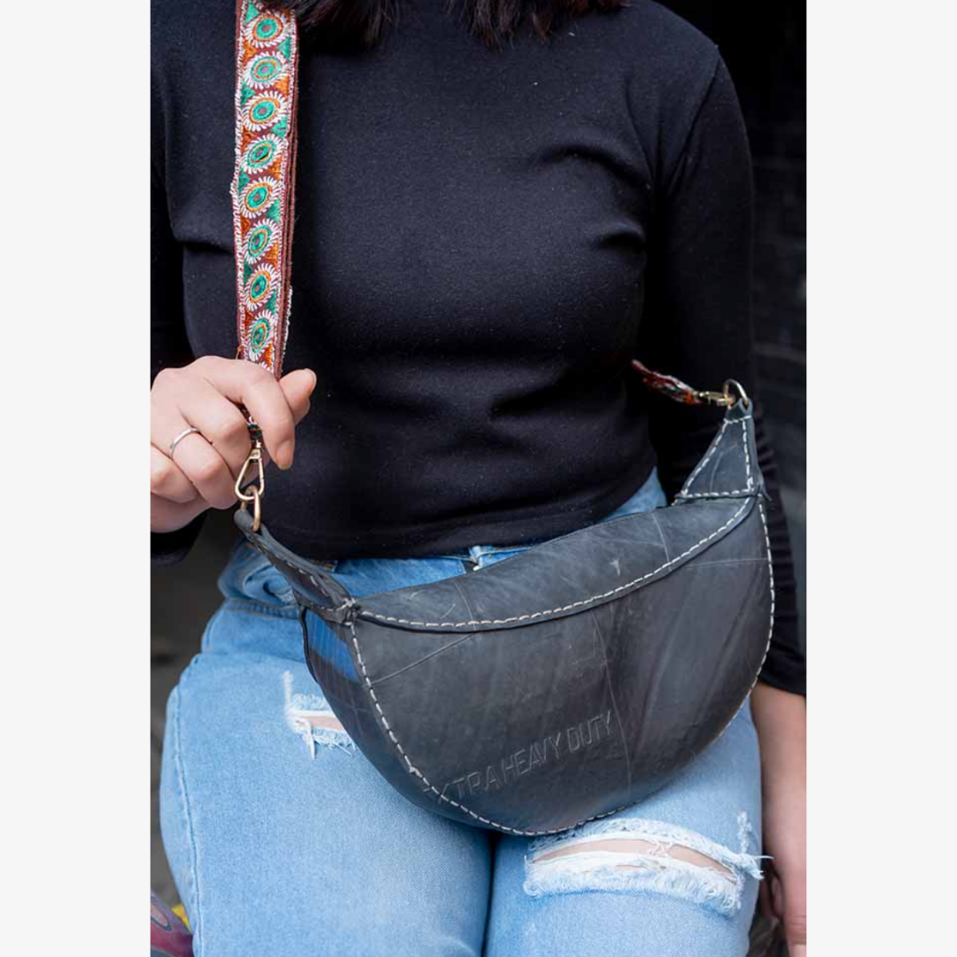 Handcrafted Recycled Rubber Crossbody Bag w Removable Strap