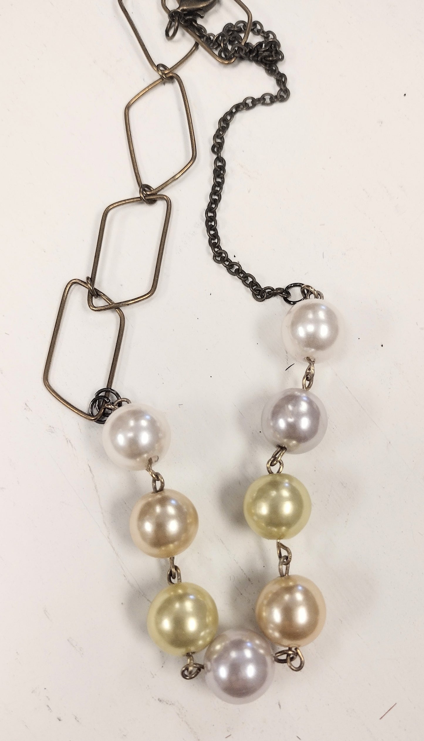 Glass Pearl and Vintage Diamond Shape Brass Chain Necklace