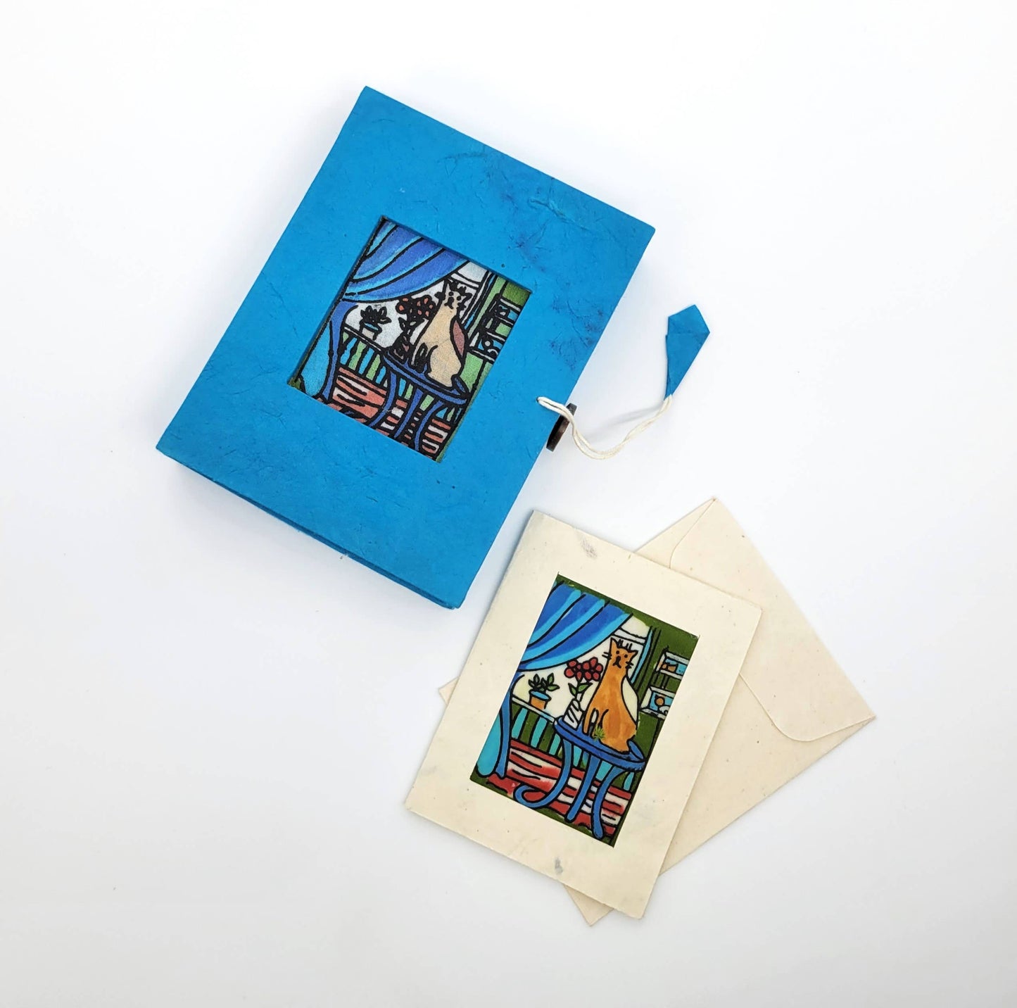 Cat on a Table Batik Mini Paper Mache Box with Mini Gift Cards Set