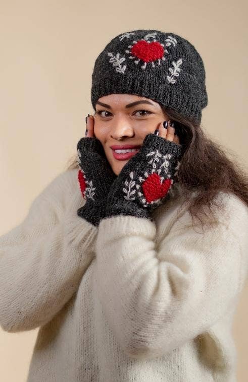 Embroidered Heart knit handwarmer, fleece lined