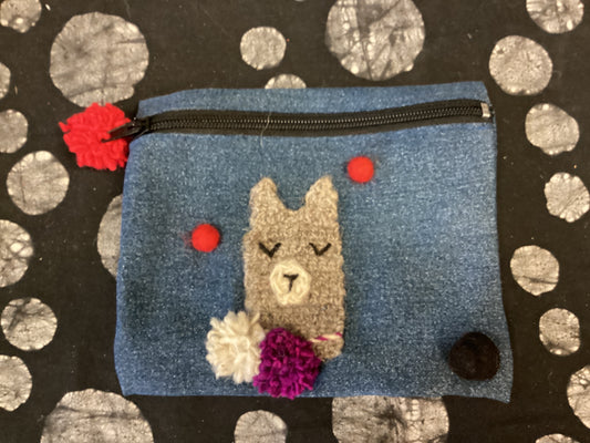 Upcycled Denim and Hand-spun Wool Llama Coin-purse