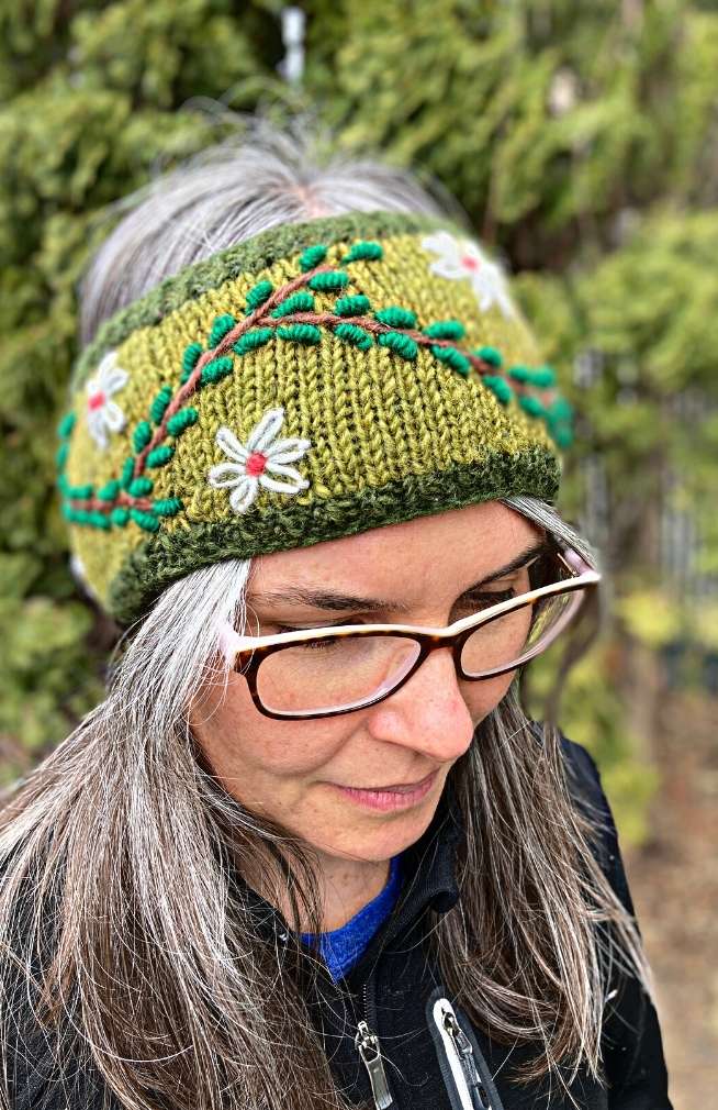 Wool Knit Headband w/Vine Embroidery, fleece lined