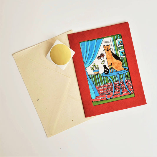 Cat on the Table Batik Note Card