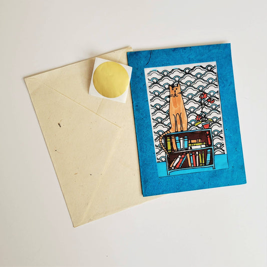 Cat with Books Batik Note Card