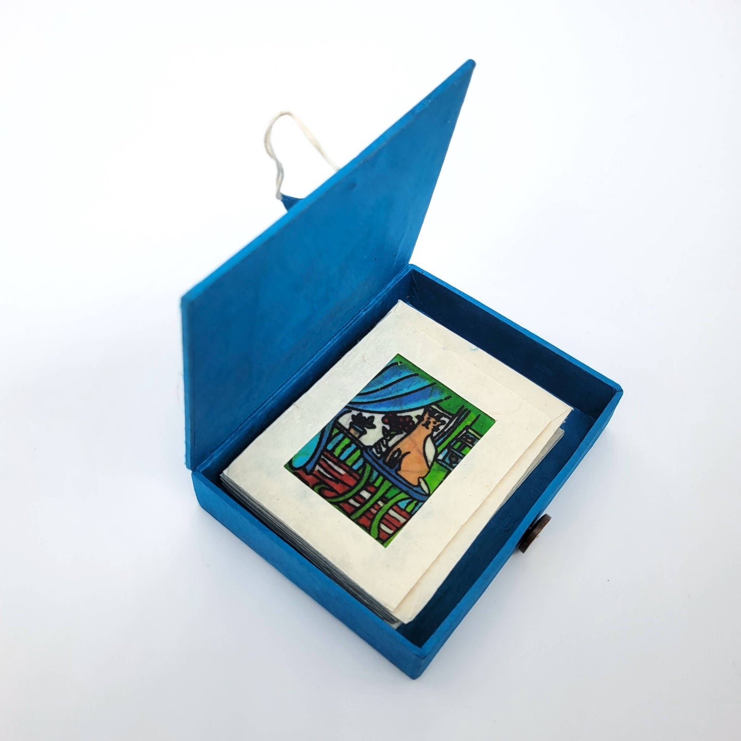 Cat on a Table Batik Mini Paper Mache Box with Mini Gift Cards Set