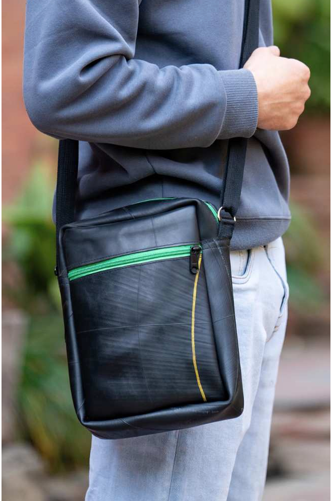 Recycled Rubber Crossbody Bag w/Colored Zippers