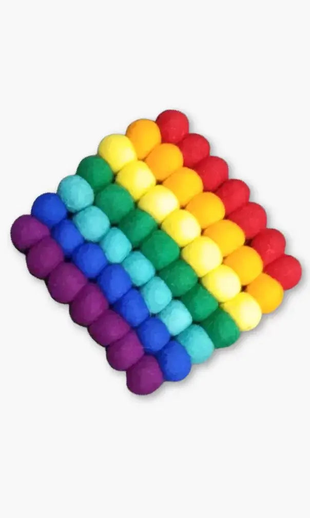 Small Square Felt Ball Trivet, Rainbow