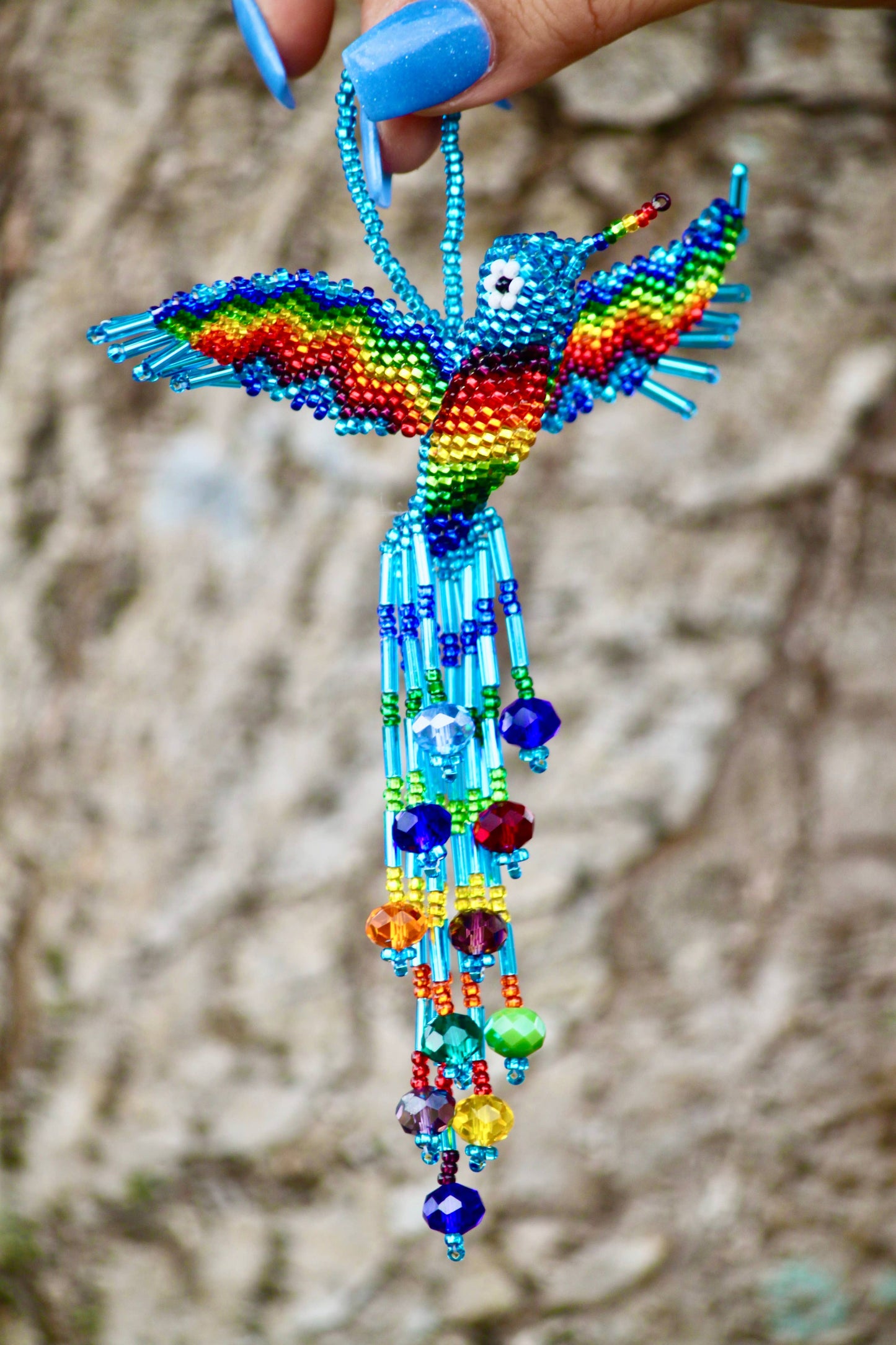 Beaded Hummingbird Figurine Seed Bead Fringe Dangle Ornament