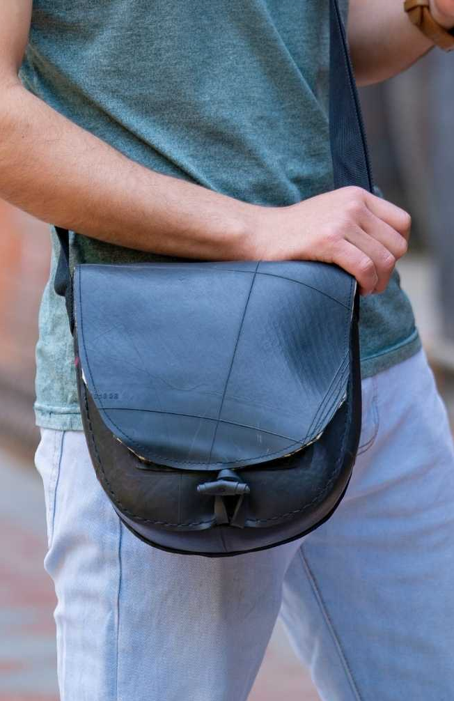 Handcrafted Recycled Rubber Crossbody Bag w Removable Strap