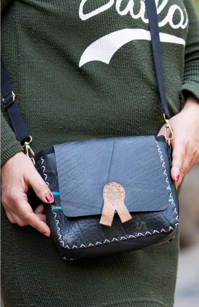 Handcrafted Recycled Rubber Flap Purse w Removable Strap