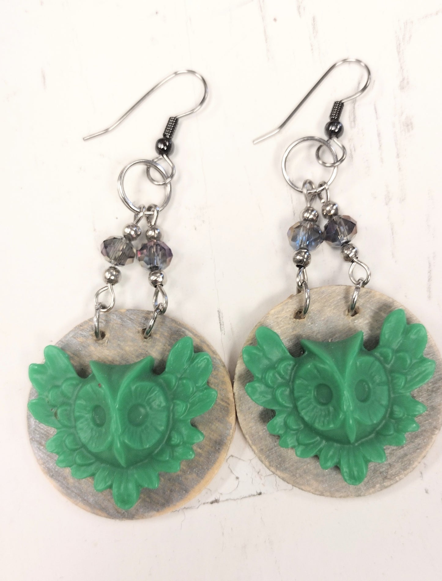 Green Owl on Wood Disc Earrings