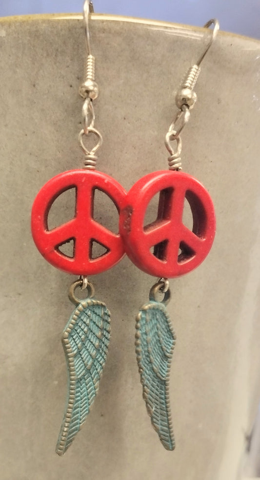 Red Peace Sign Wing Earrings