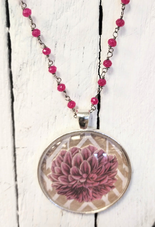 Upcycled Paper Pendant with Beaded Chain…Pink Lotus Flower