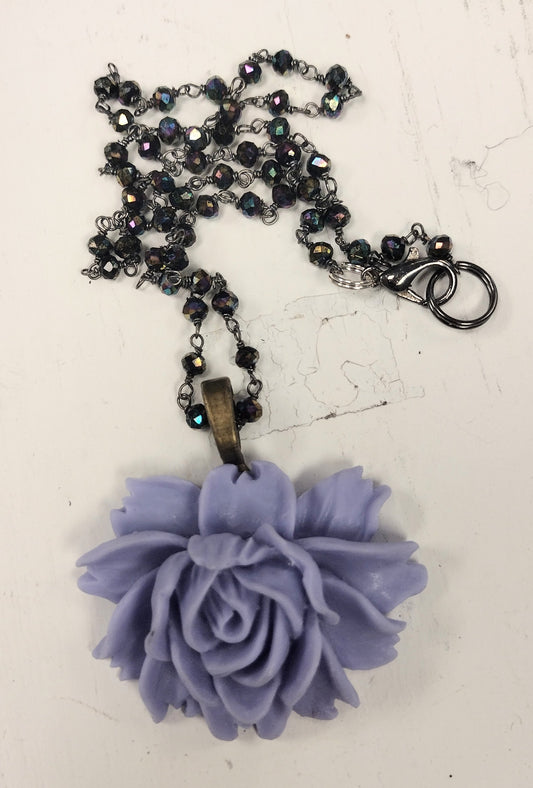 Purple Resin Peony Pendant with Beaded Chain