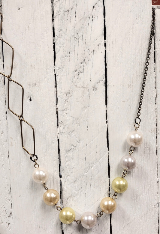 Glass Pearl and Vintage Diamond Shape Brass Chain Necklace