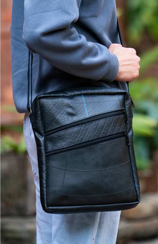 Recycled Rubber Crossbody Bag w Diagonal Front Pockets