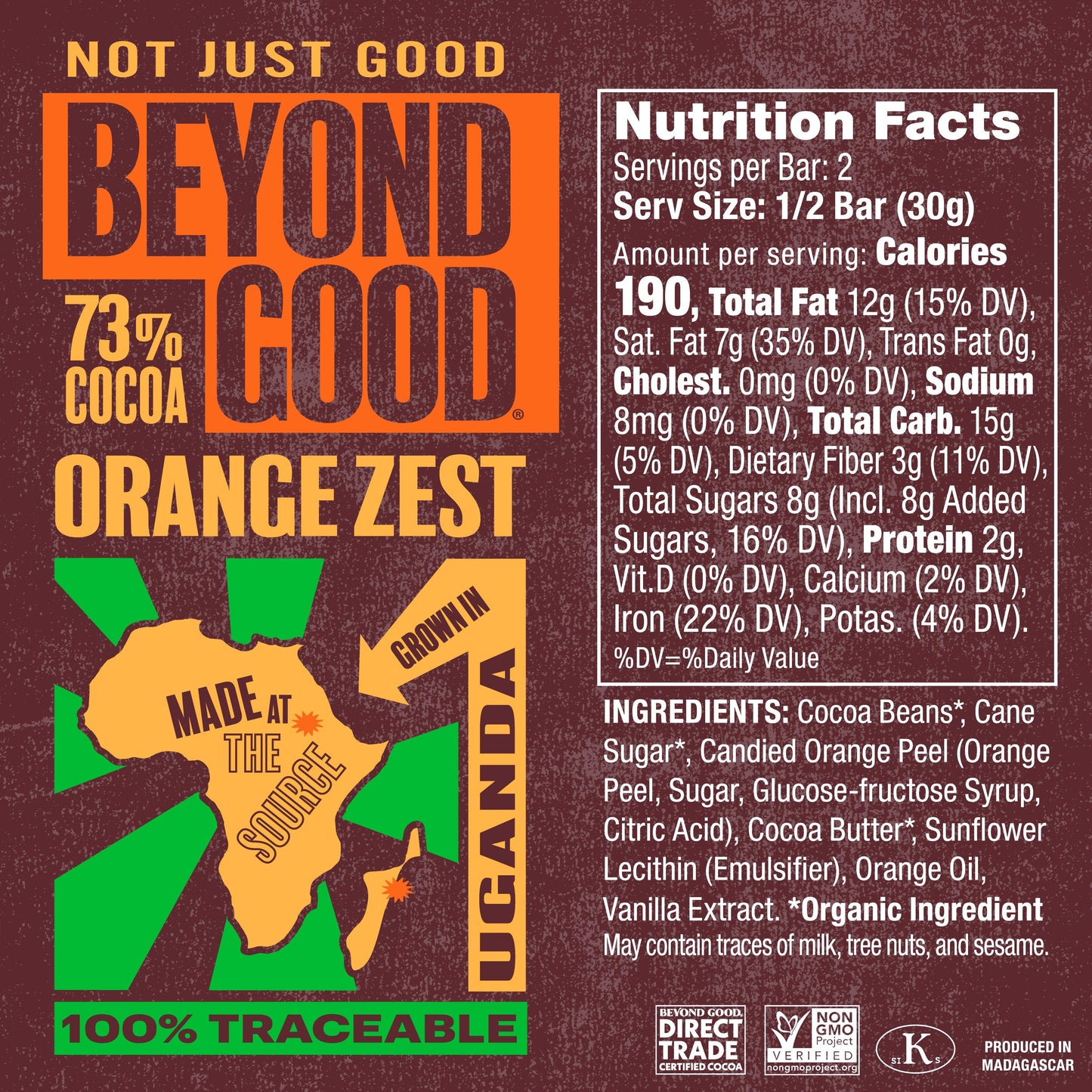 Orange Zest Dark Chocolate 73% | Craft Chocolate | Gift