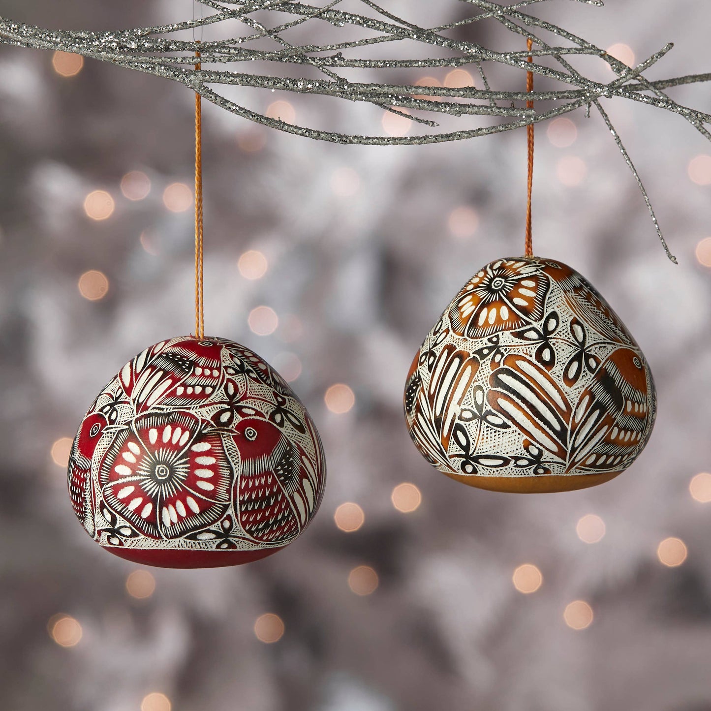 Avian Motif Gourd Christmas Ornaments - Set of 2