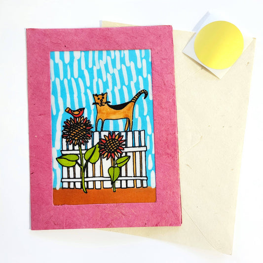 Cat on the Fence Batik Note Card