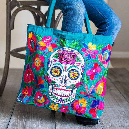 Sugar Skull Skeleton Embroidered Tote Bag