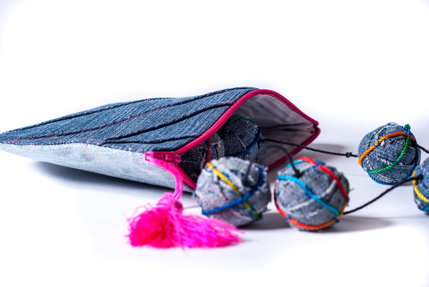 Denim Coin Purse with Pink Tassle