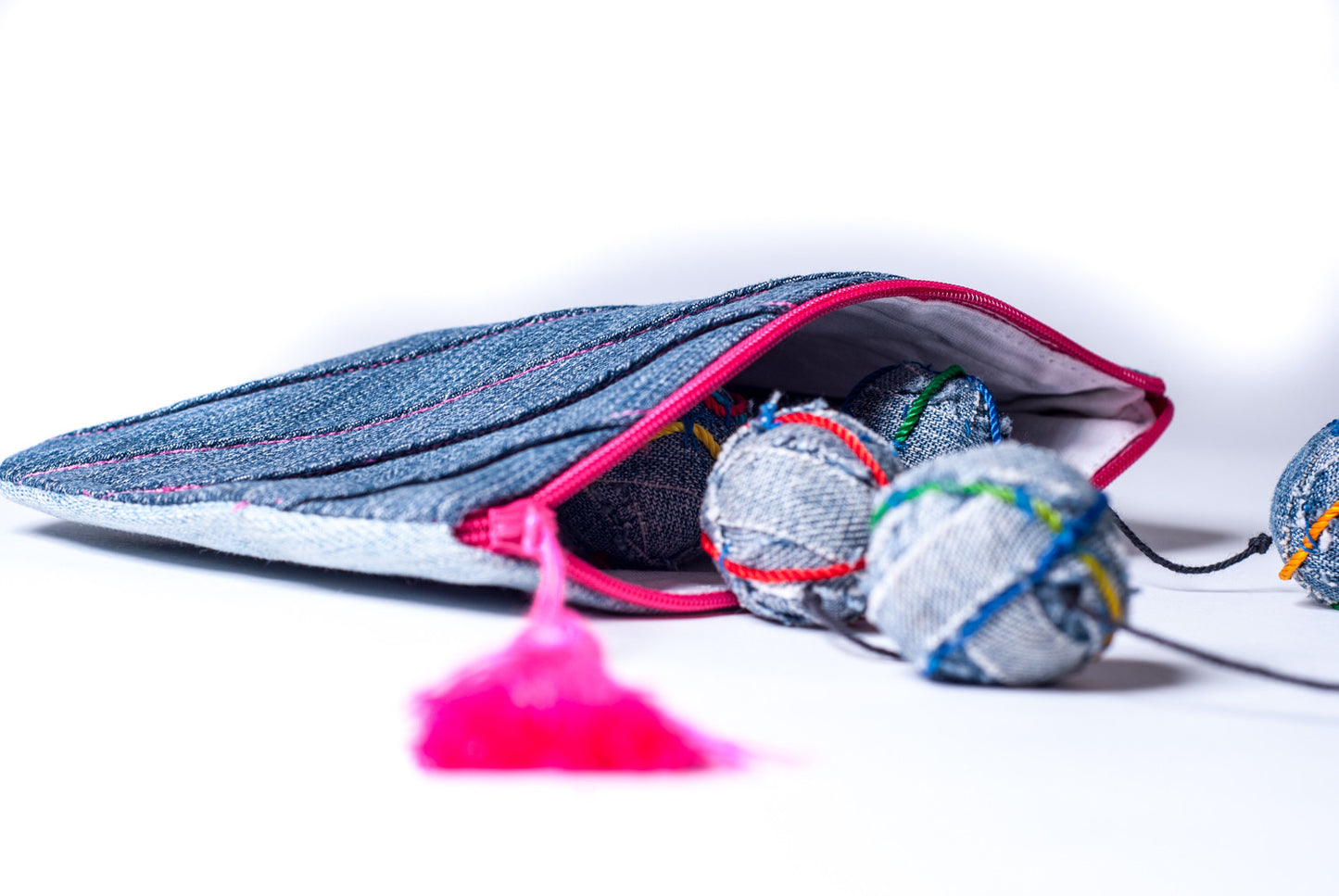 Denim Coin Purse with Pink Tassle