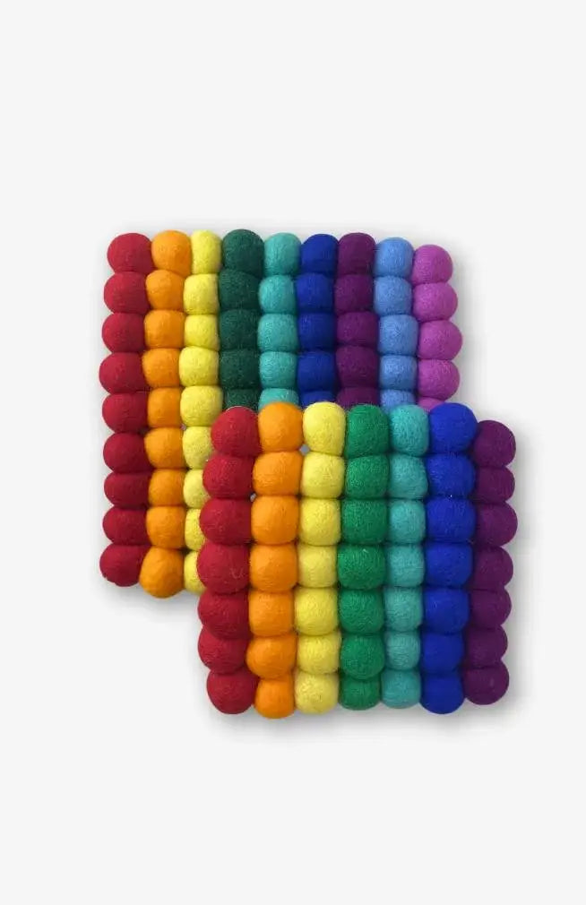 Small Square Felt Ball Trivet, Rainbow