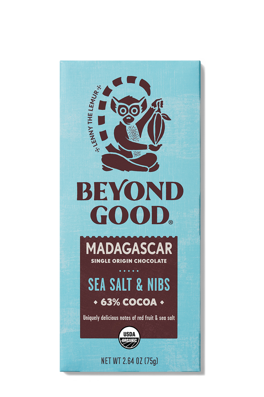 Fair Trade Organic Sea Salt and Nibs 63% Madagascar Chocolate Bar