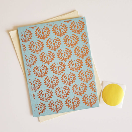 Blue Copper Foil Block Print Note Card